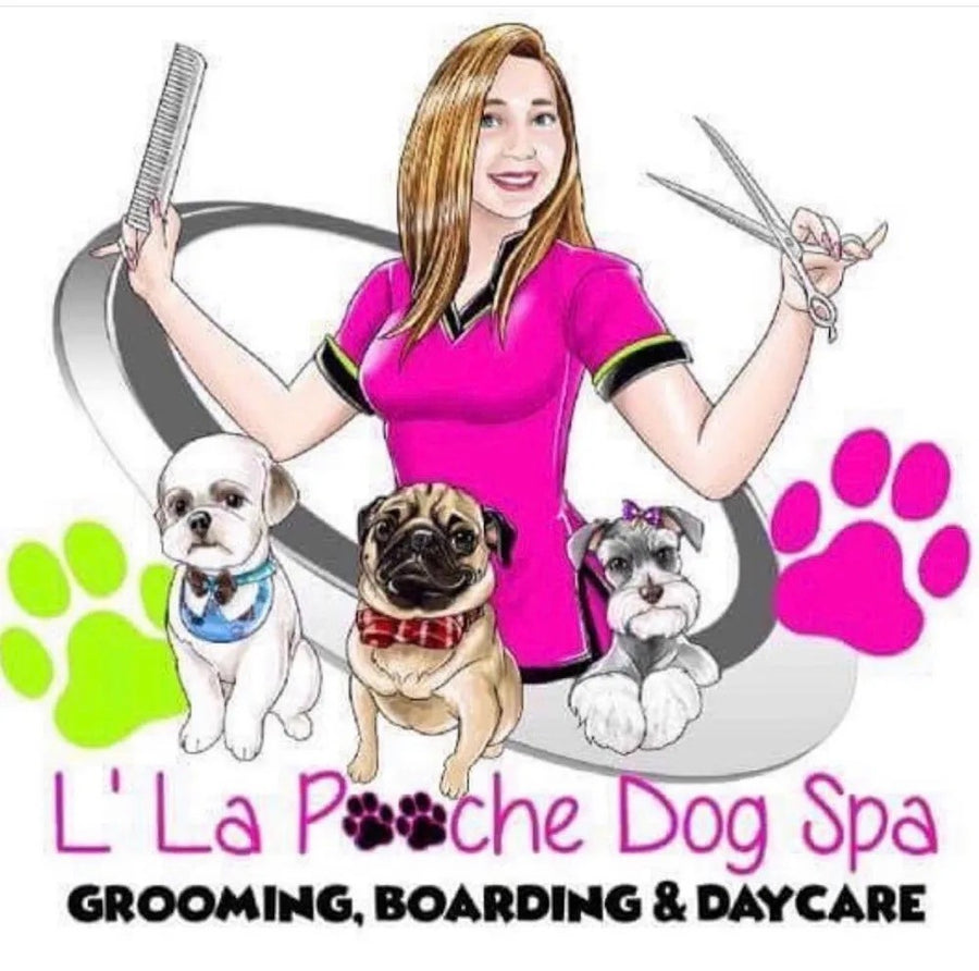 L'La Pooche Dog Spa illustrated logo: grooming, boarding and daycare