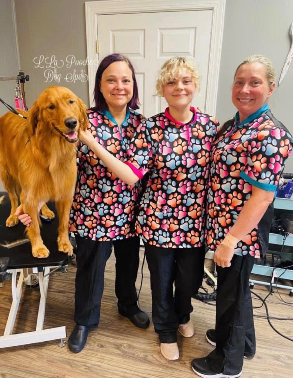 The L'La Pooche Dog Spa team with a golden retriever on the grooming table